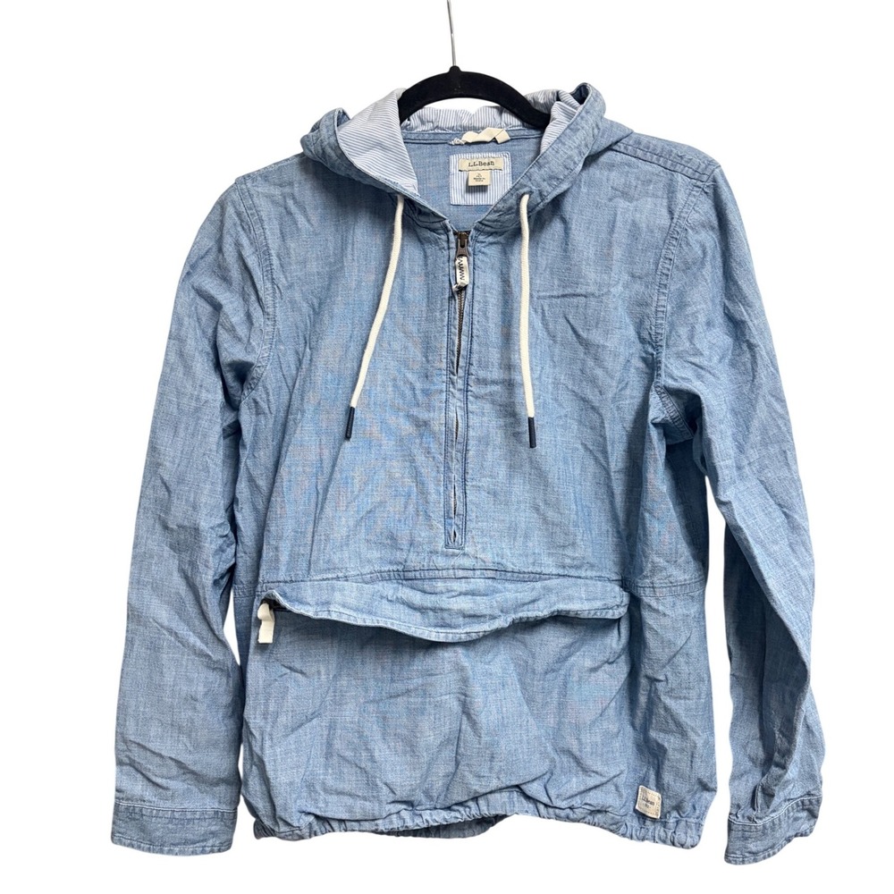 L.L. Bean Anorak Jacket Blue‎ Cotton Chambray Pullover Hoodie Small Petite